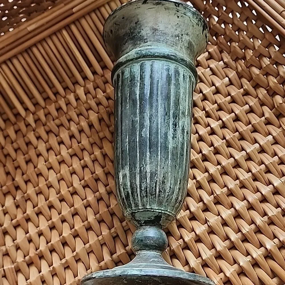 Verdigris Patina Bronze Vase Chalice Trumpet Flare Vintage Pedestal Vase - Picture 2 of 8